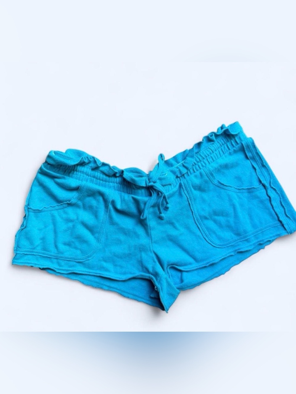 Vtg Y2K No Boundaries teal blue booty mini shorts ruffles women’s Size M  7/9